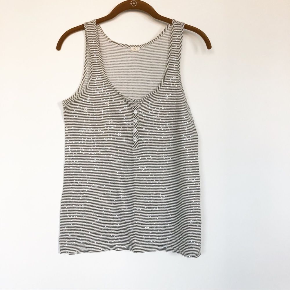 J. Crew Factory Henley Tank Womens S Gray Taupe Sequin Stripe Mixed Media